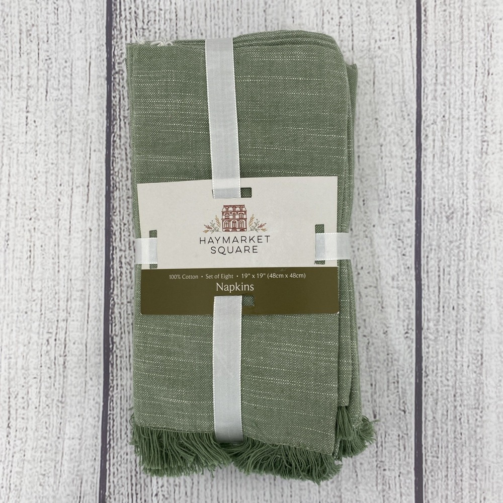 Haymarket Square Napkins (8) Heathered Green 100% Cotton Fringe Earthy Natural